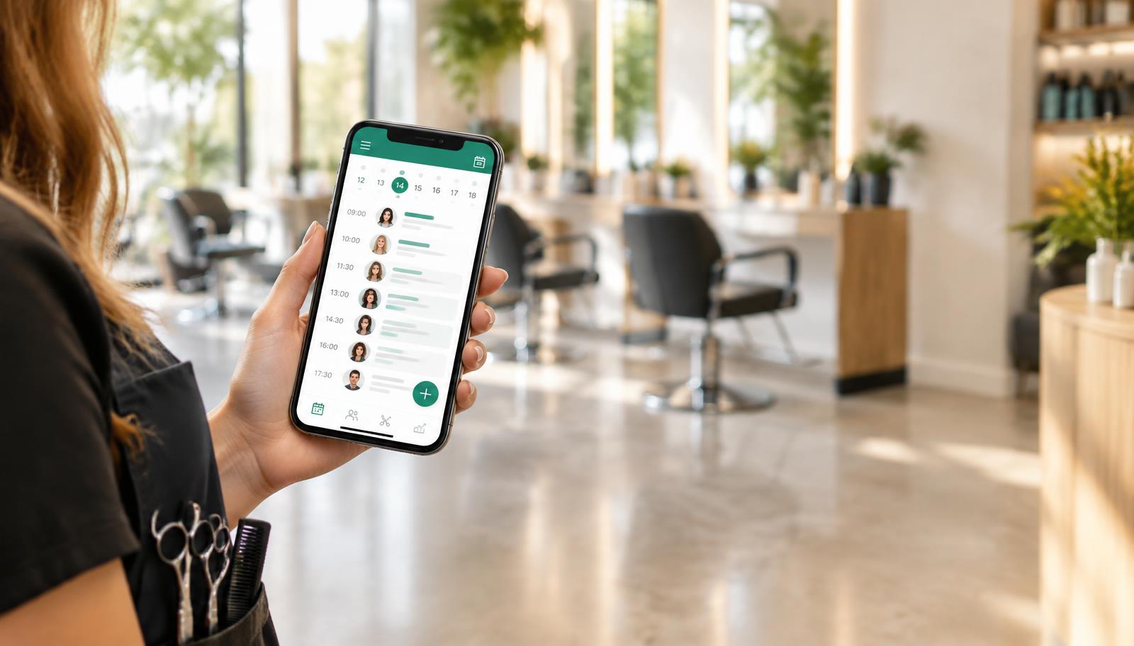Profissional de salão segurando celular com a agenda do EspelhoPro funcionando sem internet