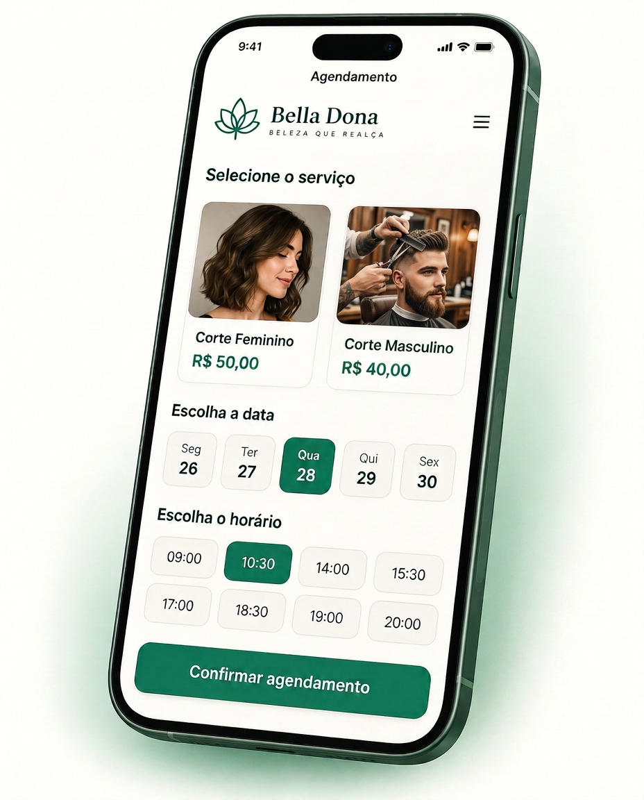 Celular mostrando o app de agendamento online do EspelhoPro com escolha de serviço, data e horário
