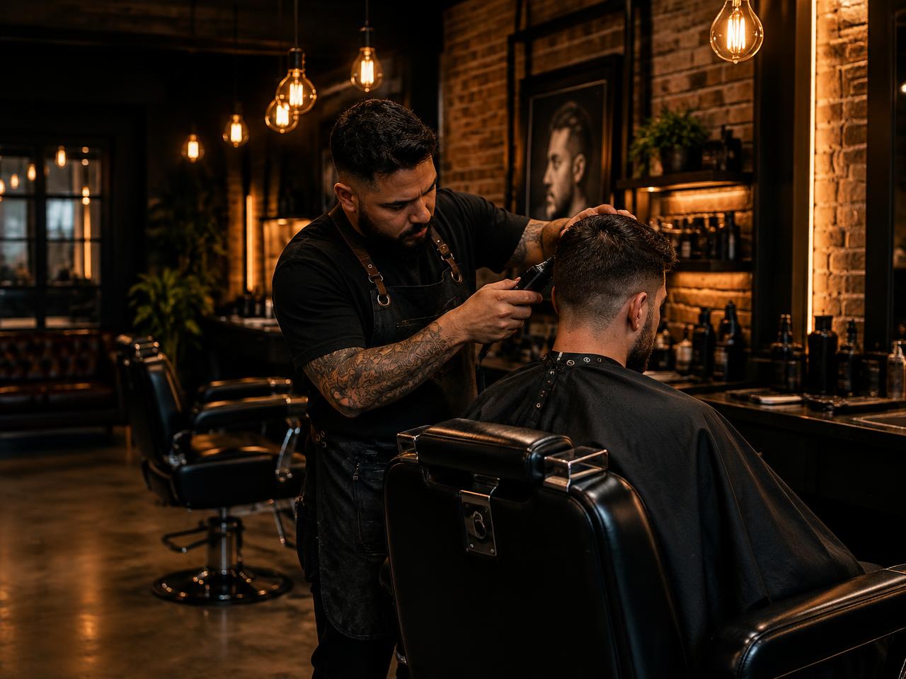 Barbeiro atendendo cliente em barbearia moderna