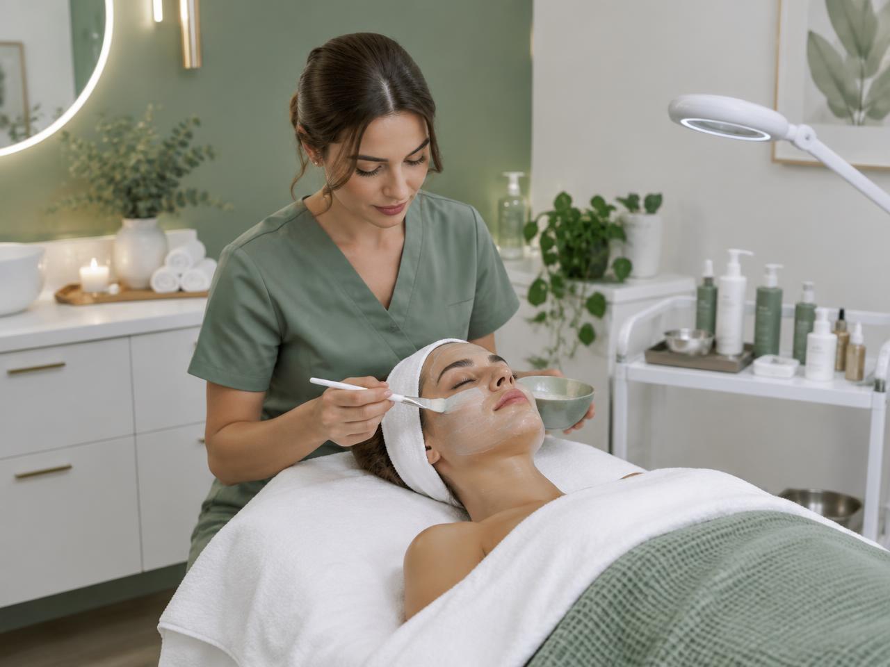 Esteticista aplicando tratamento facial em clínica de estética