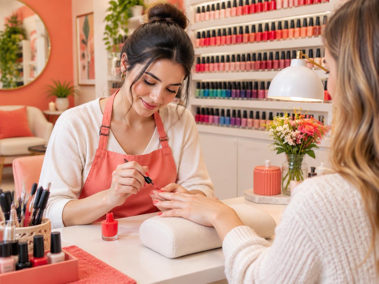 Manicure esmaltando as unhas de uma cliente em esmalteria