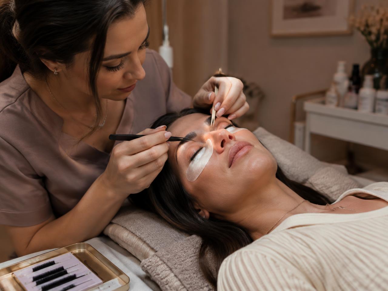 Lash designer aplicando extensão de cílios em cliente